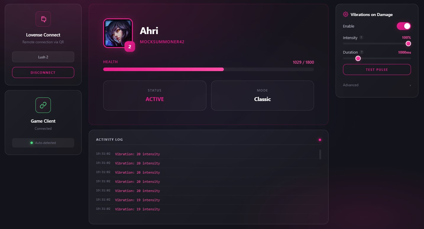 LoLvense app interface showing QR code connection, game status, and vibration settings